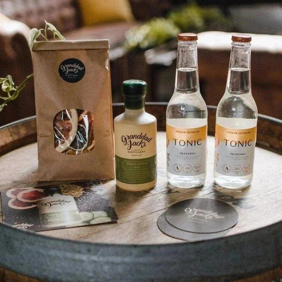 Granddad Jacks Craft Distillery Greenhouse Gin (200ml) / Long-Rays Tonic (2pk) + Garnishes 200ml Gin Gift Packs