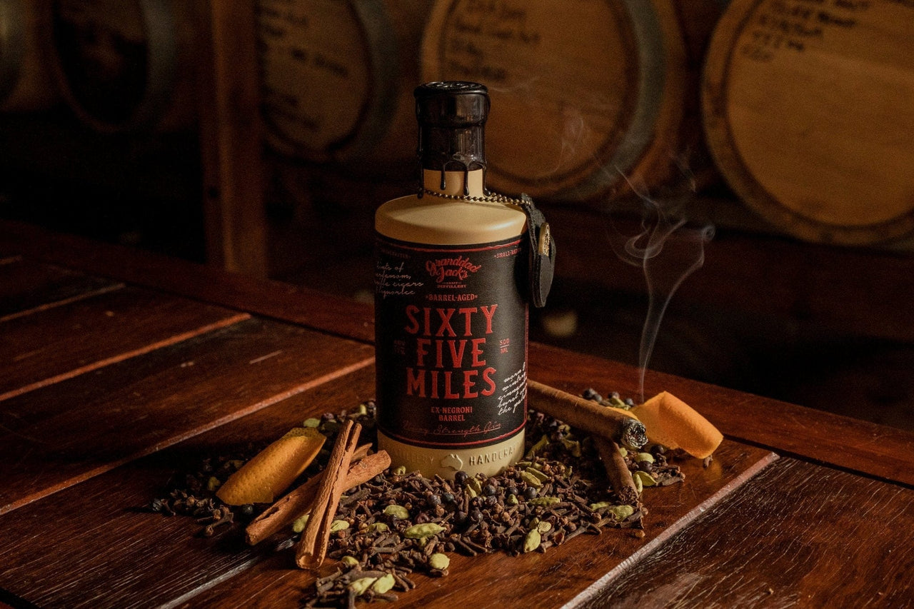 Granddad Jack's Craft Distillery 500ml Bottle + 4pk Dark Soda Barrel Aged 65 Miles Gin Pack